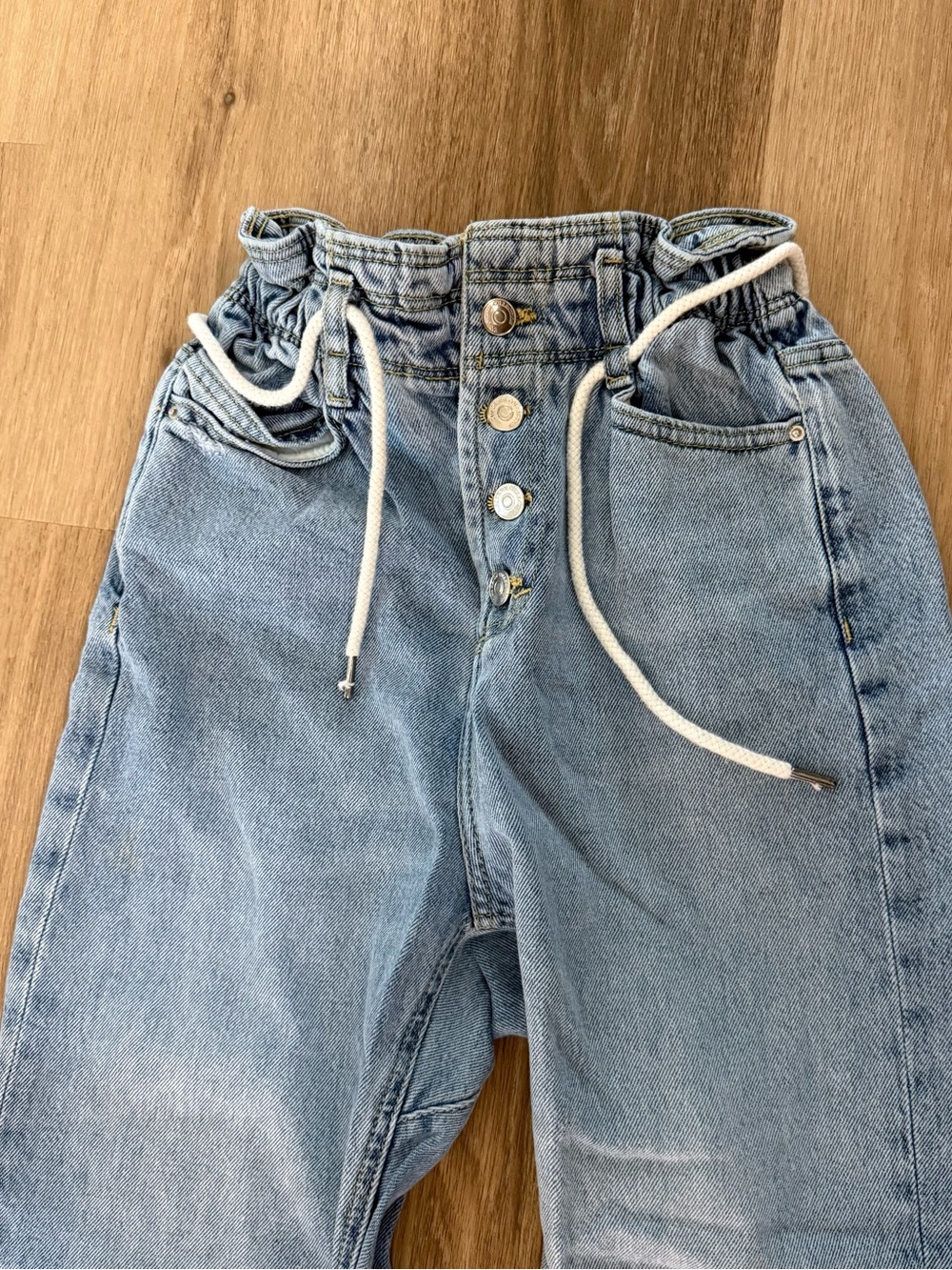 Zara Light Blue High-Rise Paperbag Jeans with Drawstring